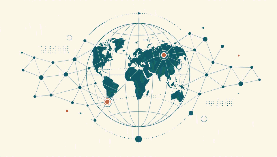 Illustration of an AI network over a globe with graticule