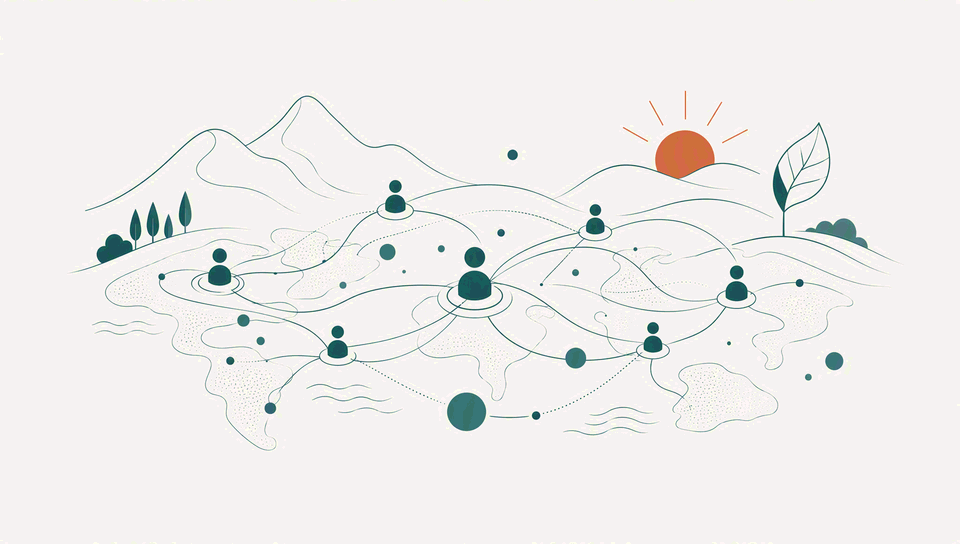 Illustration of human mobility and sentiment networks across a landscape